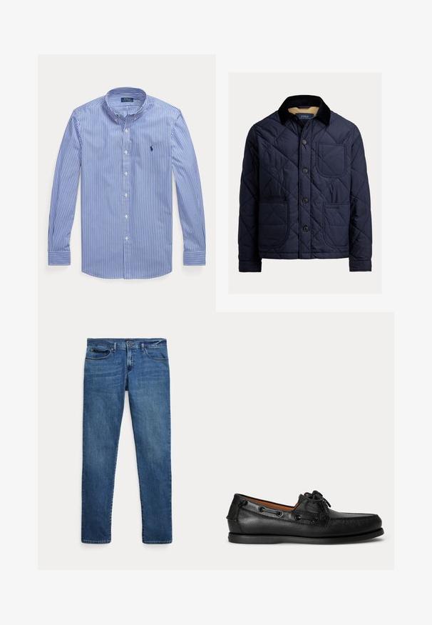 Veste matelassée marine avec un col en velours côtelé, poche avant et fermeture à boutons. Présente une texture lisse et un design uni.; Chemise à manches longues rayée verticale bleu et blanc, à boutons, col boutonné, avec le logo Polo Ralph Lauren sur la poitrine.; Jean en denim bleu à coupe slim, avec poches avant, passants pour ceinture et fermeture à bouton sur fond blanc.; Mocassin en cuir noir avec détail lacé et semelle basse en caoutchouc, présenté de profil sur un fond clair uni.