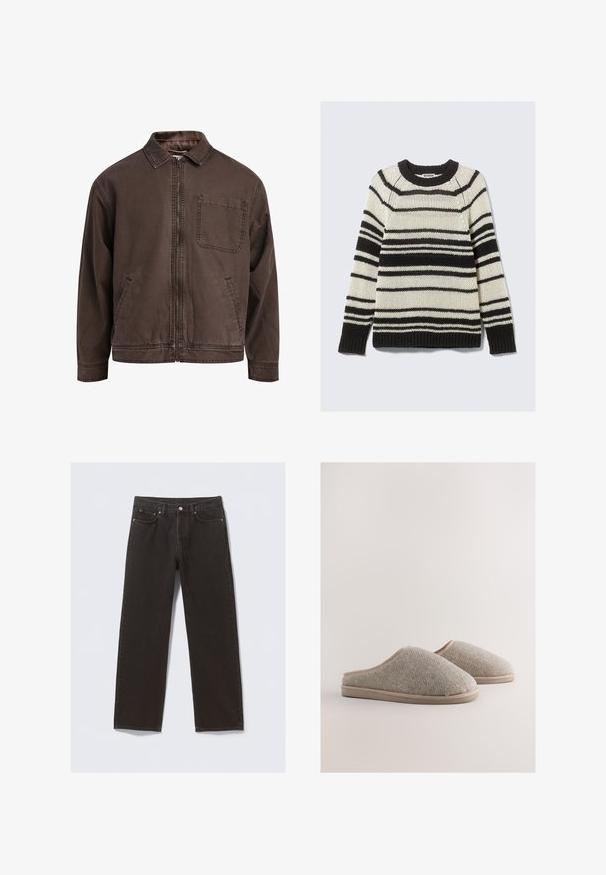 Brun, lynlåsjakke lavet af slidstærkt stof; har en krave, lange ærmer, forlommer og en enkelt brystlomme.; Sort og cremefarvet stribet strikket sweater med rund hals, der har en tekstureret vævning samt ribstrikkede kanter og kant nederst. Casual pasform, unisex design.; Svarte denimjeans med straight-leg design, fem lommer og kobberfarvet syning. Glat tekstur, klassisk knaplukning i taljen.; Grå uldtoffler med sildebensmønster, blød tekstur, beige kant og flade, polstrede såler. Letvægts- og åben ryg-design.