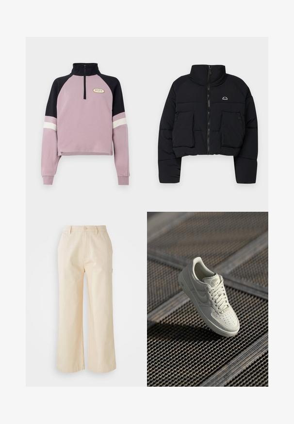 Sort cropped pufferjakke med høj krave, frontlynlås, to store klaplommer og et lille logo på venstre brystområde.; Lilla cropped pullover med sort krave og ærmeaccentuer. Har en halv lynlås og Roxy-logo i guld på brystet. Blød tekstur.; Lys beige, vide bukser lavet af bomuld med en glat tekstur, der har en frontknaplukning og sidelommer.; Hvide Nike Air Force 1 sneakers med glat læder, perforeret tå, tonede snørebånd og logo-accenter i lys guld. Flyder over en struktureret overflade.
