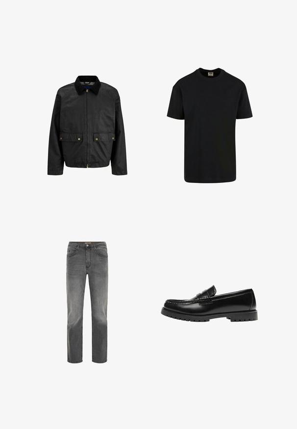 Sort bomuldsjakke med lynlås foran, corduroykrave, to forlommer med guldfarvede knapper, og en struktureret overflade.; Urban Classics SHORTSLEEVE - T-shirts basic - black; Drejede mænds jeans i falmet mørkegrå denim med frontlommer, bæltestropper og knappelukning.; Sort læderloafer med en kraftig gummisål og klassiske penny-strap detaljer, vist fra ydersiden.