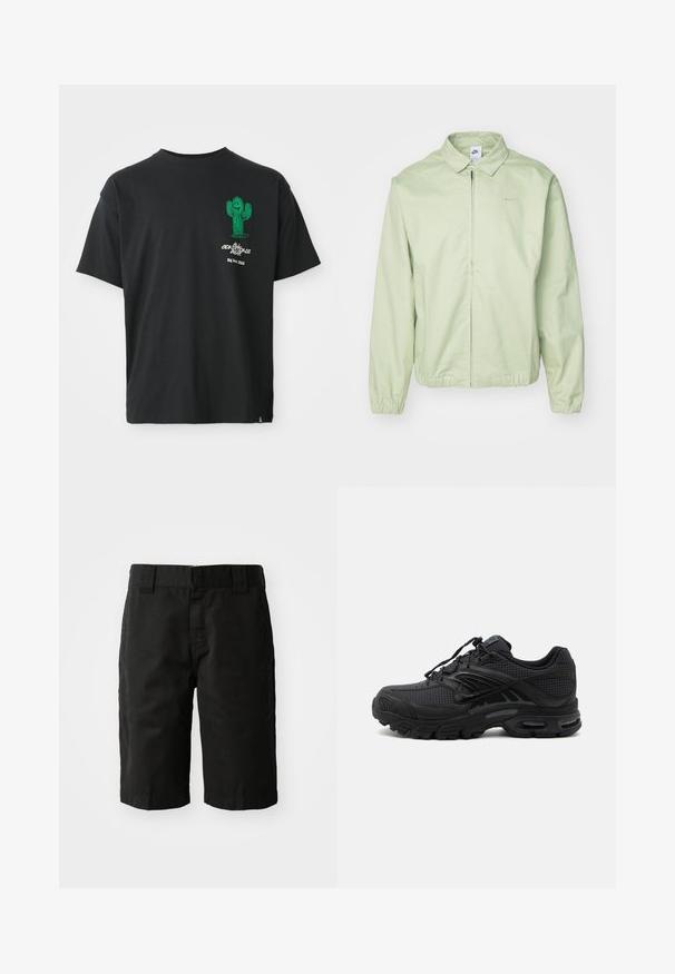Lys grøn jakke lavet af glat stof, med krave, frontlynlås, elastiske ærmer og et diskret logo på brystet.; Sort t-shirt med korte ærmer med en grøn tegneserie-kaktus og hvid tekst "Conditions Gear Big Bend, Texas" på venstre bryst.; Sorte bomuldsshorts med lige snit, bæltestropper og flad front. Har lommer på siderne og en glat tekstur.; Sort atletisk sneaker med tekstureret stof, tyk polstret sål, luftventiler og snørelukning, vist fra siden på en lys baggrund.