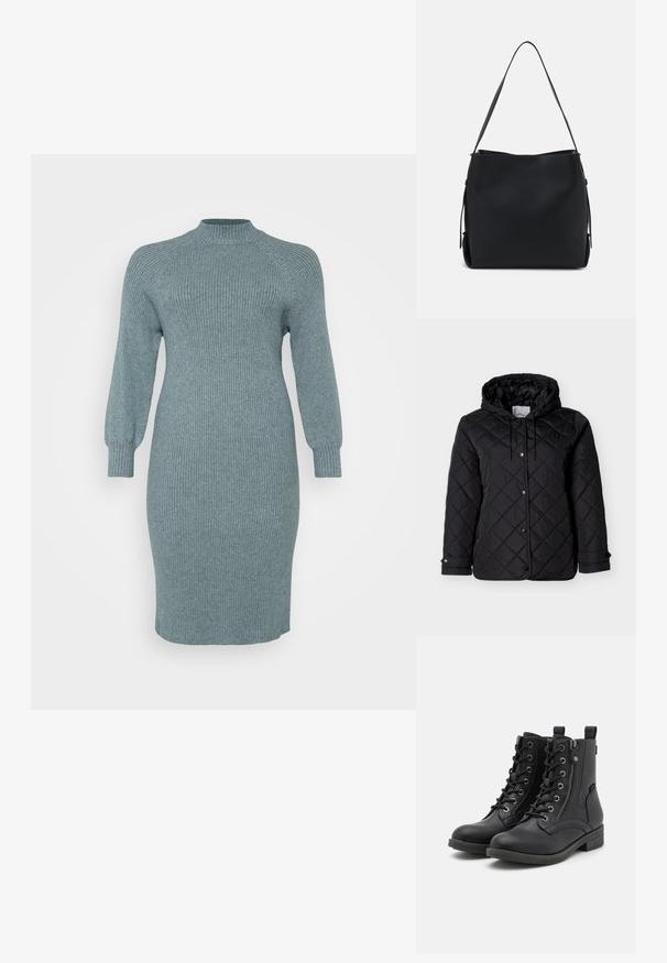 Sort quiltet jakke med hætte, forside med trykknapper, justerbare snore og sidelommer. Glat tekstur med diamantmønster.; Ribbet teal strikkjole med lange puffærmer og høj halsudskæring, tætsiddende pasform, knælang, tekstureret overflade, ingen synlige mønstre eller hardware.; Sorte ankelstøvler lavet af læderlignende materiale, med snørebånd, en sidelukning med lynlås og teksturerede detaljer på overdelen og sålen. Lav blokhæl.; Pieces PCBONY - Håndtasker - black