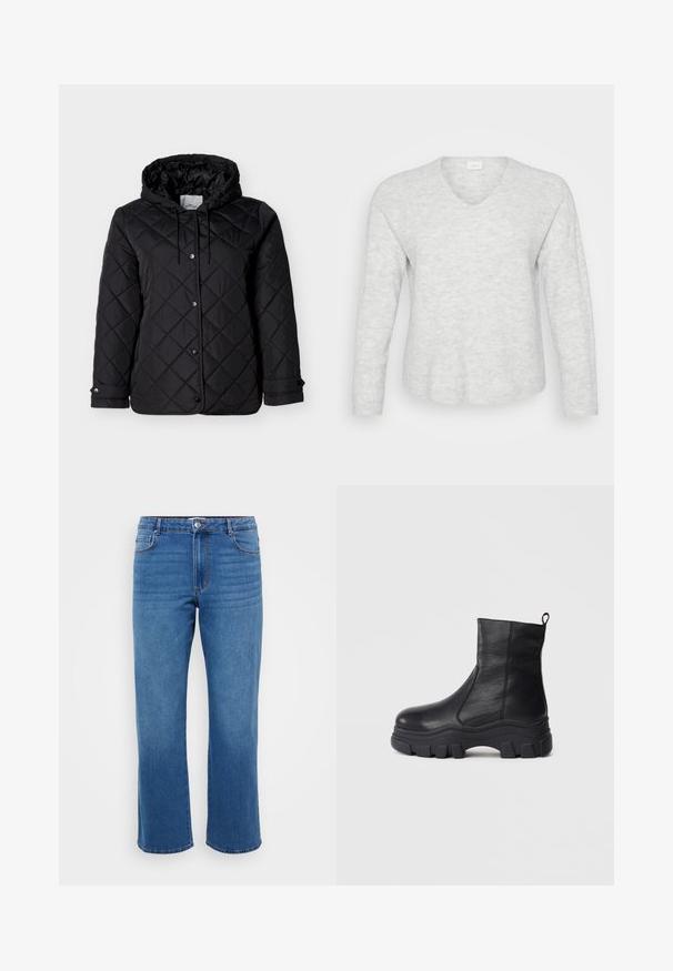 Veste noire matelassée avec capuche, fermeture à boutons-pression à l'avant, cordons ajustables et poches latérales. Texture lisse avec motif en losanges.; Pull long ajusté gris clair à manches longues avec une texture côtelée, un décolleté en V et un ourlet légèrement courbé. Matériau doux avec de subtiles variations de motifs.; Jean en denim bleu avec une coupe droite, présentant une fermeture à bouton, un design classique à cinq poches et une texture légèrement décolorée au niveau des cuisses.; Bottines noires en cuir lisse, dotées d'une semelle en caoutchouc épaisse avec un profil prononcé et d'une languette à l'arrière pour un enfilage facile.