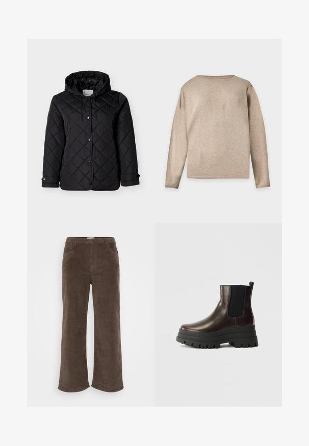 Sort quiltet jakke med hætte, forside med trykknapper, justerbare snore og sidelommer. Glat tekstur med diamantmønster.; Beige langærmet strikket trøje med rund halsudskæring og ribstrikkede manchetter og kant, vist på en ensfarvet lys baggrund.; Brune kordfløjlsbukser med et vidt ben-design, der har en knaplukning, bæltestropper og forlommer. Blød tekstur og ribbet stof.; Brun læder ankelstøvle med elastiske sidepaneler, chunky sort platformssål og pull tab. Har en glat overflade og robust mønster.