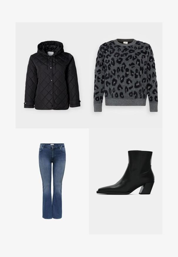 Sort quiltet jakke med hætte, forside med trykknapper, justerbare snore og sidelommer. Glat tekstur med diamantmønster.; Grå sweater med sorte leopardpletter, med rund halsudskæring og ribbede ærmer, lavet af et blødt, struktureret materiale.; Denim flared jeans i mellemblå med en glat tekstur, der har forlommer og en lynlåslukning. Diskret slidte detaljer.; Sortlæder ankelstøvle med spids tå, en slank silhuet og en kraftig firkantet hæl. Glat tekstur med minimale stikninger.