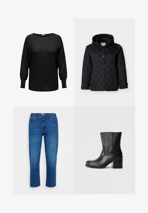 Sort quiltet jakke med hætte, forside med trykknapper, justerbare snore og sidelommer. Glat tekstur med diamantmønster.; Sort pullover sweater med ribbet tekstur, bred halsudskæring og lange, let puffede ærmer. Fremstillet af blødt, strækbart stof.; Blå denim jeans med ret ben-designer, fem-lomme stil og en klassisk knap- og lynlås lukning, med subtile slidmærker på fronten.; Sort læderankelstøvle med rundet tå, sidesømme og en chunky blokhælk. Glat tekstur og minimalistisk design.