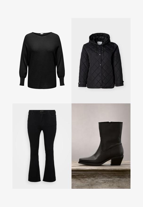 Veste noire matelassée avec capuche, fermeture à boutons-pression à l'avant, cordons ajustables et poches latérales. Texture lisse avec motif en losanges.; Pull noir en tricot à texture côtelée, décolleté large et manches longues légèrement bouffantes. Fabriqué en tissu doux et extensible.; Jean évasé noir en denim, doté d'une fermeture à bouton, de cinq poches et d'une texture lisse. Design classique avec un ourlet évasé.; Bottine en cuir noir avec un bout pointu, un petit talon carré, une texture lisse et un détail de couture minimaliste. Fermeture éclair visible à l'arrière.