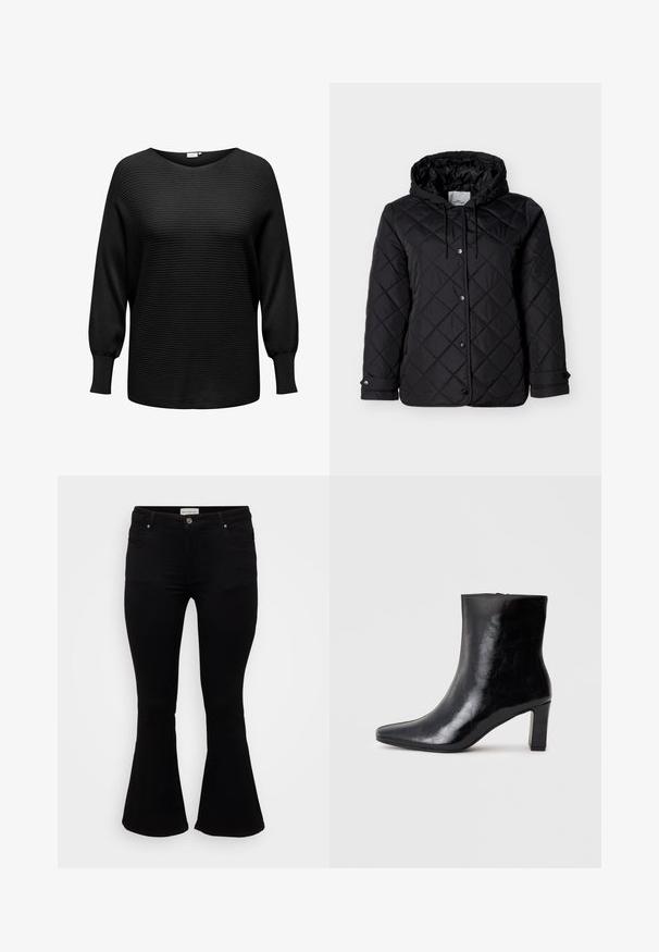 Chaqueta negra acolchada con capucha, cierre frontal de botones a presión, cordones ajustables y bolsillos laterales. Textura suave con patrón de diamantes.; Jersey negro de pullover con textura acanalada, escote ancho y mangas largas ligeramente abullonadas. Fabricado en una tela suave y elástica.; Jeans de campana negros fabricados en denim suave, con cintura ajustada, bolsillos frontales y un dobladillo acampanado para un ajuste relajado.; Botín negro de tobillo hecho de cuero brillante, con punta afilada y un tacón de bloque medio, con una textura suave y un diseño sencillo.