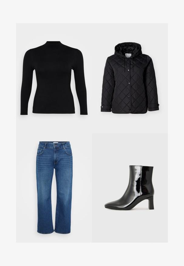 Must tikitud jope kapuutsiga, esikinnis klõpsudega, reguleeritavad paelad ja küljetaskud. Sile pind ruudukujulise mustriga.; Must musta pika varrukaga turtleneck, valmistatud pehmest ja siledast kangast. Kitsas lõige, kõrge kaelaosa ja sirge äär, minimaalsete õmblustega ning ilma mustriteta.; Laia jalgadega teksad tumedast sinisest denimist. Omab viit taskut, vöökohaga silmuseid ja kerget kivipesu jalgadel. Sile tekstuur ning tavaline lõige.; Must-sinine nahkjalats musta läikiva viimistlusega, millel on terav nina ja keskmise kõrgusega plokk konts. Sile tekstuur ja minimalistik disain.