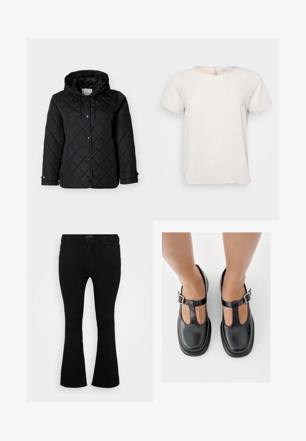 Chaqueta negra acolchada con capucha, cierre frontal de botones a presión, cordones ajustables y bolsillos laterales. Textura suave con patrón de diamantes.; Camiseta de manga corta y cuello redondo en tejido beige claro con una textura suave; presenta un detalle de abertura en la parte posterior y un corte relajado.; Pantalones vaqueros de corte acampanado en negro, fabricados en denim, con cierre de botón, cinco bolsillos y una textura suave. Diseño clásico con dobladillo acampanado.; Zapatos de cuero negro con diseño de correa en T, punta cerrada y detalles de hebilla plateada. Textura lisa con punta redondeada y suela plana.