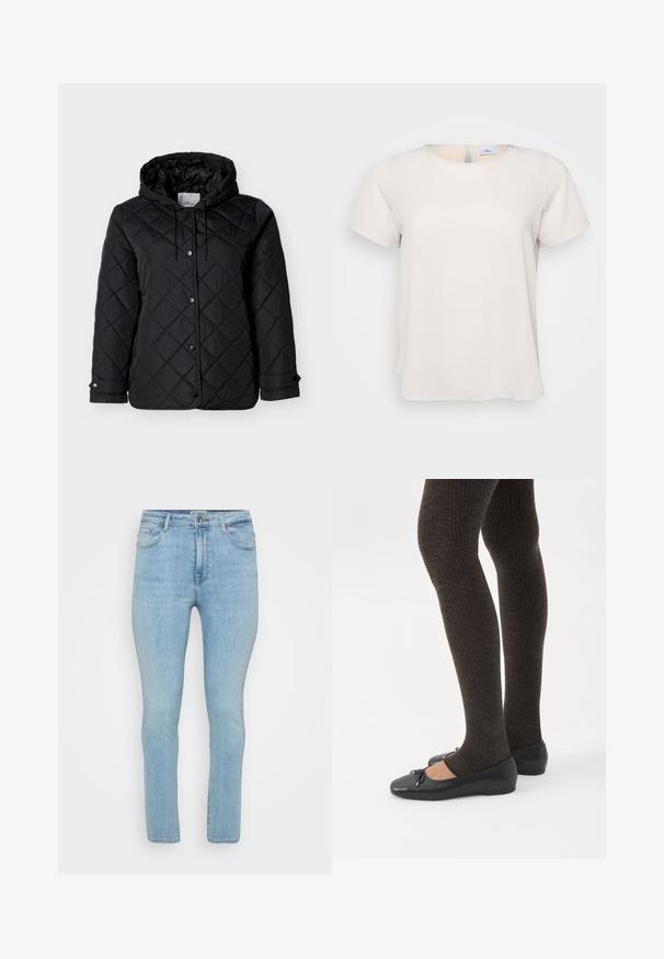 Chaqueta negra acolchada con capucha, cierre frontal de botones a presión, cordones ajustables y bolsillos laterales. Textura suave con patrón de diamantes.; Camiseta de manga corta y cuello redondo en tejido beige claro con una textura suave; presenta un detalle de abertura en la parte posterior y un corte relajado.; Vaqueros de mezclilla azul claro con corte ajustado, que cuentan con cinco bolsillos, trabillas para cinturón y una cremallera estándar con cierre de botón.; Piernas con leggings oscuros acanalados combinados con bailarinas negras que presentan pequeños detalles de lazo sobre un fondo blanco.