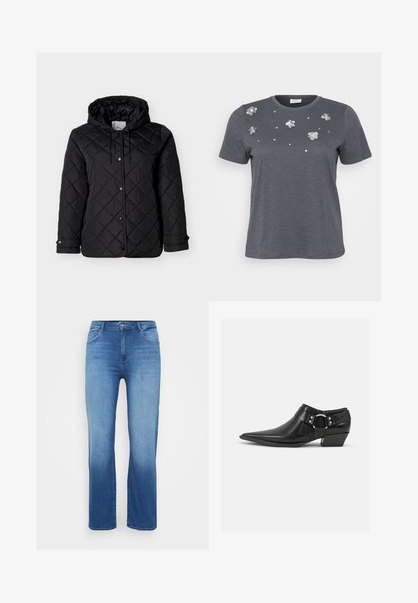 Chaqueta negra acolchada con capucha, cierre frontal de botones a presión, cordones ajustables y bolsillos laterales. Textura suave con patrón de diamantes.; Camiseta de algodón gris con mangas cortas, con aplicaciones metálicas de flores y lentejuelas dispuestas en el frente. Textura suave, corte holgado.; Jeans de mezclilla de color azul claro con corte recto, diseño de cinco bolsillos y un efecto desgastado en el dobladillo. Cierre de botón en la cintura.; Botas de cuero negras hasta el tobillo con puntera puntiaguda, que presentan una correa de cuero en la parte delantera y un detalle de hebilla plateada, además de un tacón bajo y cuadrado.