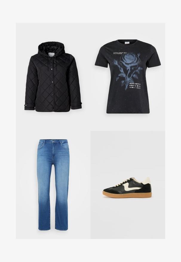 Sort quiltet jakke med hætte, forside med trykknapper, justerbare snore og sidelommer. Glat tekstur med diamantmønster.; ONLY Carmakoma CARMIKO WASHED SS REG TEE JRS - T-shirts print - black; Lysblå denimjeans med lige snit, fem-lomme design og en slidt effekt ved kanten. Knaplukning i taljen.; Sorte ruskinds- og lædersneakers med en cremefarvet side-swoosh og lys cremefarvet hæl. Har beige snørebånd og en gummirubber-sål.