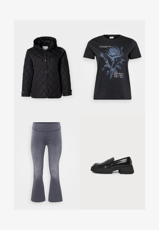Schwarze gesteppte Jacke mit Kapuze, vorderer Druckknopfverschluss, verstellbaren Kordelzügen und seitlichen Taschen. Glatte Textur mit Diamantmuster.; ONLY Carmakoma CARMIKO WASHED SS REG TEE JRS - T-Shirt print - black; Grau ausgestellte Hosen mit einem breiten Bund. Glattes Material mit leichtem Glanz, das von oben dunkel zu unten heller verläuft.; Schwarzer Lederloafer mit klobiger Plateausohle und niedrigem Blockabsatz, sichtbares Seitenprofil auf schlichtem hellem Hintergrund.