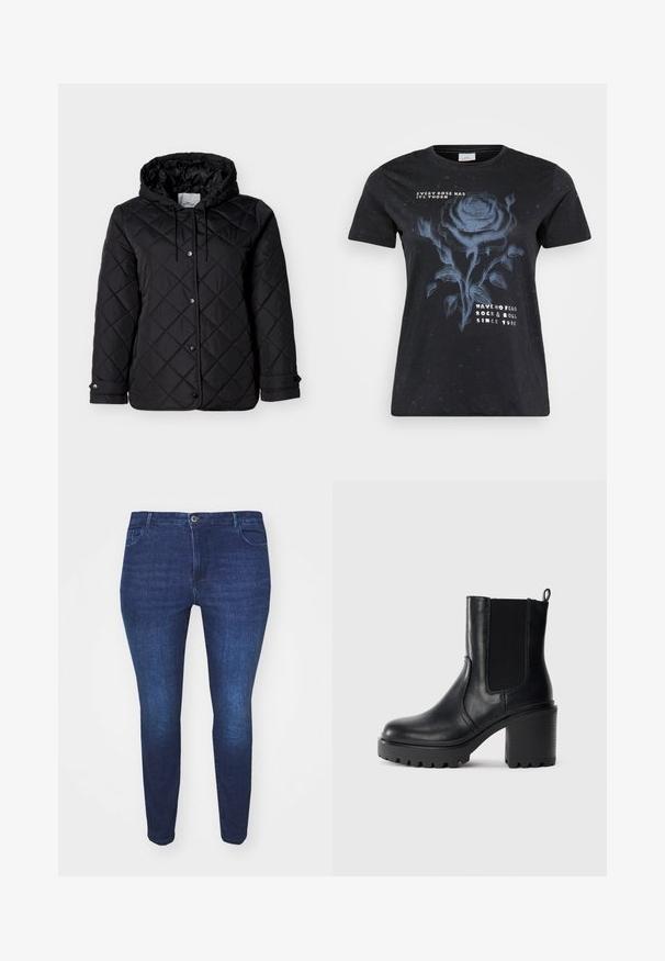 Zwarte gewatteerde jas met capuchon, voorzijde met drukknoopsluiting, verstelbare trekkoorden en zijzakken. Gladde textuur met ruitpatroon.; ONLY Carmakoma CARMIKO WASHED SS REG TEE JRS - T-shirt print - black; Donkerblauwe slim-fit denim jeans met een voorste knoop en zakken, zichtbaar van voren tegen een witte achtergrond.; Zwarte leren enkelboot met chunky blokhak, elastische zijpaneel en aantrekriempje op een effen lichte achtergrond.
