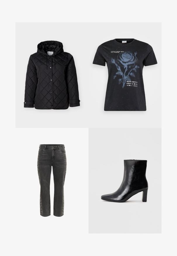 Zwarte gewatteerde jas met capuchon, voorzijde met drukknoopsluiting, verstelbare trekkoorden en zijzakken. Gladde textuur met ruitpatroon.; ONLY Carmakoma CARMIKO WASHED SS REG TEE JRS - T-shirt print - black; Zwarte high-waist rechte jeans met metalen knoop, voorzakken en kleine zilveren studs langs de buitenste zijnaad.; Zwarte enkellaars gemaakt van glanzend leer, met een puntige neus en een gemiddelde blokhak, voorzien van een gladde textuur en een eenvoudig ontwerp.