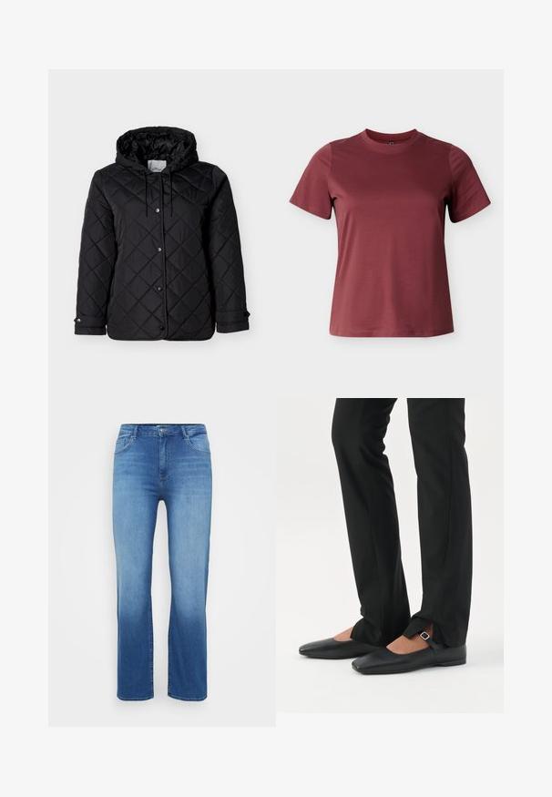 Sort quiltet jakke med hætte, forside med trykknapper, justerbare snore og sidelommer. Glat tekstur med diamantmønster.; Bourgognefarvet t-shirt med korte ærmer lavet af blød bomuld, med rund halsudskæring og en glat, ensartet tekstur uden synlige mønstre eller accenter.; Lysblå denimjeans med lige snit, fem-lomme design og en slidt effekt ved kanten. Knaplukning i taljen.; Ben iført sorte smalle bukser med forreste slidser ved kanten, parret med sorte flade Mary Jane-sko med lille spænde.