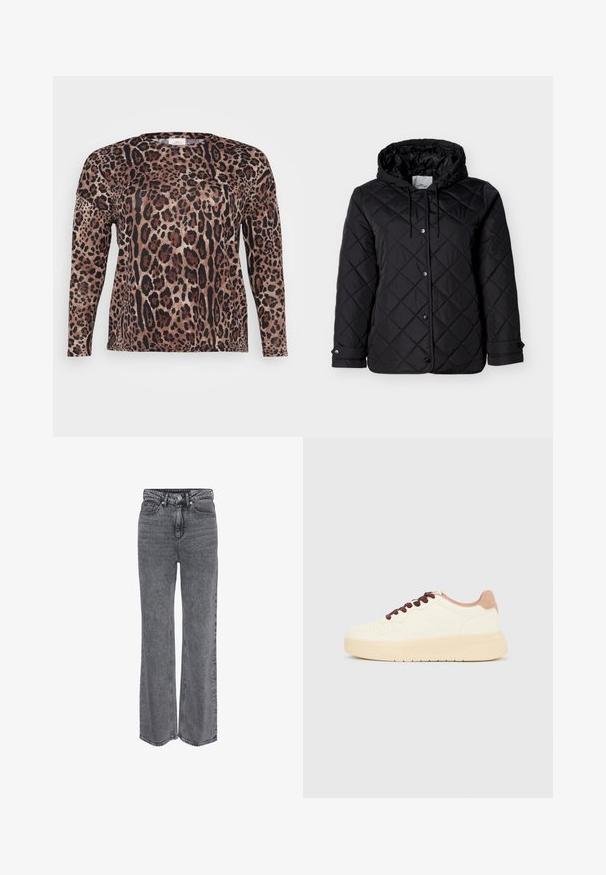 Sort quiltet jakke med hætte, forside med trykknapper, justerbare snore og sidelommer. Glat tekstur med diamantmønster.; Langærmet skjorte med leopardprint i nuancer af brun, sort og beige. Blød tekstur med en afslappet pasform.; Grå denimjeans i høj talje og med lige ben, med frontknap, lynlåslukning og klassisk design med fem lommer.; Beige lavt skindesko med tyk sål, perforeret tå, lyserød hælkant og mørkebrune snørebånd på ensfarvet lysegrå baggrund.