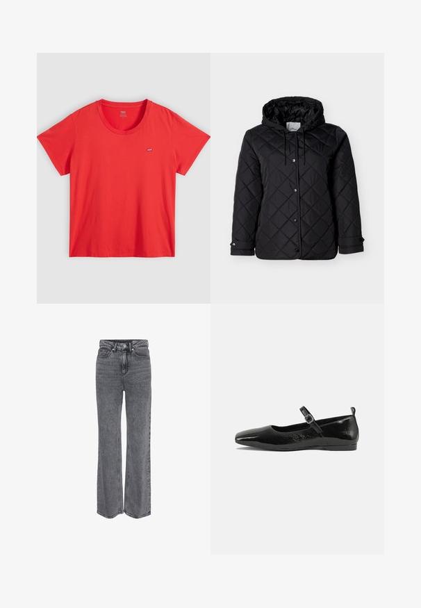 Zwarte gewatteerde jas met capuchon, voorzijde met drukknoopsluiting, verstelbare trekkoorden en zijzakken. Gladde textuur met ruitpatroon.; Rode katoenen T-shirt met een ronde hals, korte mouwen en een klein Levi's logo op de linkerborst. Soepele textuur, ontspannen pasvorm.; Hoge taille, rechte grijze spijkerbroek van denim met knopen aan de voorkant, ritssluiting en klassiek ontwerp met vijf zakken.; Zwarte patenten leren ballerina met een spitse neus, een enkelbandje met een gesp en een gladde, glanzende textuur. Lage hak voor comfort.