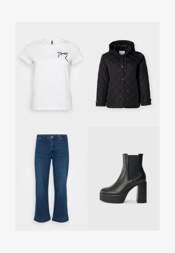 Veste noire matelassée avec capuche, fermeture à boutons-pression à l'avant, cordons ajustables et poches latérales. Texture lisse avec motif en losanges.; T-shirt blanc à manches courtes avec un design de nœud noir sur la partie gauche de la poitrine, sur fond uni.; Jean bleu taille haute avec une jambe droite et un ourlet évasé, en denim. Présente un design classique à cinq poches et une fermeture à bouton en métal.; Bottine noire en cuir avec un talon large, panneaux élastiques sur les côtés et une texture lisse. Dispose d'une semelle plateforme pour plus de hauteur.