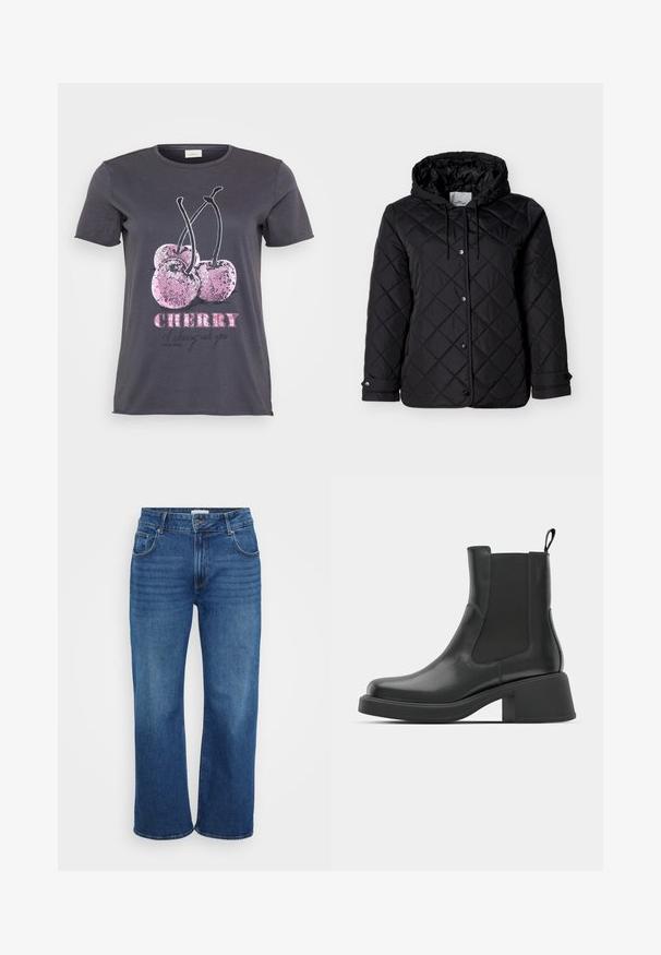 Sort quiltet jakke med hætte, forside med trykknapper, justerbare snore og sidelommer. Glat tekstur med diamantmønster.; Grå T-shirt med et kirsebærmotiv med lyserøde glimmerdetaljer, ordet "CHERRY" i fed lyserød og yderligere tekst i sort.; Bredde ben jeans i mørkeblå denim. Har fem lommer, bælteskydere og svag falmning langs benene. Glat tekstur med en standart pasform.; Sorte læder ankelstøvler med elastiske sidepaneler, afrundet tå og en kraftig blokhæl. Glat tekstur med et minimalistisk design.