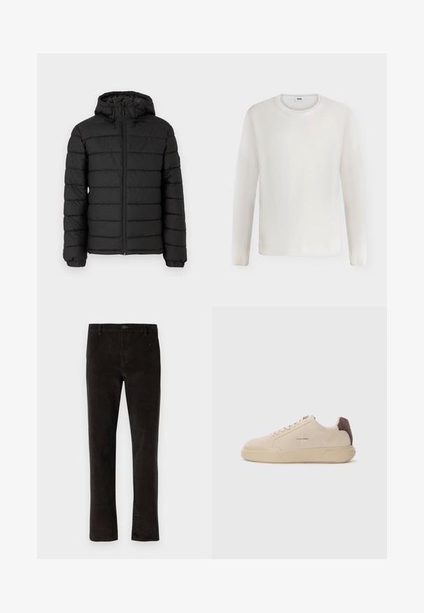 Doudoune noire avec capuche, motif matelassé, fermeture éclair à l'avant, poignets élastiqués et texture lisse, offrant chaleur et isolation.; T-shirt blanc uni à manches longues avec col rond et petite étiquette de marque à l'intérieur du col, présenté sur un fond blanc.; Pantalons en velours côtelé noir avec une coupe droite, dotés d'une fermeture à un seul bouton et d'une texture subtile. Style minimaliste sans motifs visibles.; Baskets en daim beige avec un bout rond, lacets à l'avant et un accent en daim marron sur le talon. Dotées d'une semelle en caoutchouc texturé.