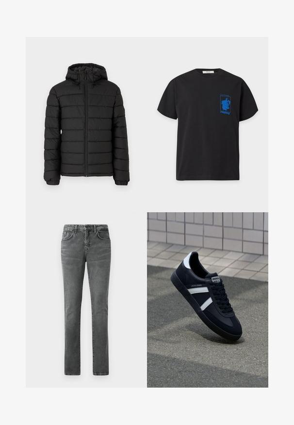 Schwarze Pufferjacke mit Kapuze, gestepptem Design, Frontreißverschluss, elastischen Bündchen und glatter Textur, die Wärme und Isolation bietet.; Schwarzes T-Shirt mit kurzen Ärmeln und blauem Kopf-Grafikdesign sowie Text "Live Tonight... replay" auf der linken Brust.; Graue Jeans aus Denim mit geradem Bein, Fünf-Taschen-Design, dezenter Ausbleichung und Gürtelschlaufen. Keine sichtbaren Logos oder Verzierungen.; Schwarze Leder-Sneaker mit weißen Streifen, strukturiertem Gummisohle und Schnürung. Verfügt über ein Markenetikett auf der Zunge.