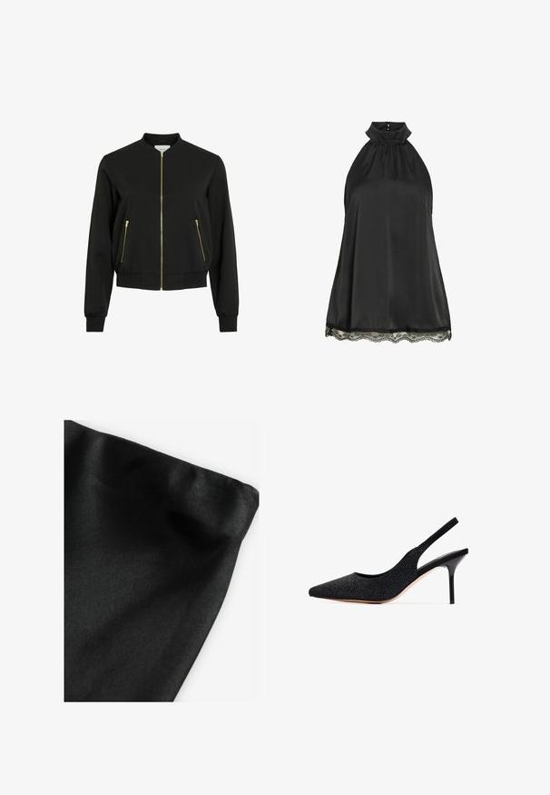 Chaqueta bomber negra con cremalleras frontales y de bolsillo en dorado, puños, cuello y dobladillo acanalados, etiquetada VILA.; Top negro sin mangas con cuello halter alto y ribete de encaje en el dobladillo, hecho de tela de satén suave.; Tela negra con una textura suave, que presenta un leve brillo. El material parece ligero y tiene una superficie ligeramente arrugada.; Zapato de tacón negro tipo slingback con punta afilada, adornado con strass. Presenta un diseño elegante, tacón de aguja alto y forro interior suave.