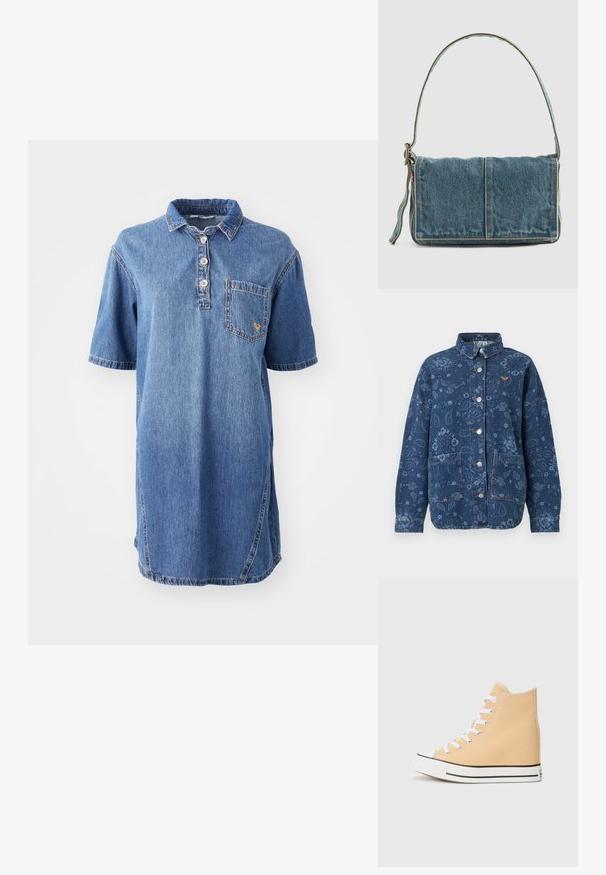 Chaqueta de mezclilla azul oscuro con estampado floral y de cachemira, botones a presión plateados, dos bolsillos frontales y un pequeño logo naranja en el pecho.; Vestido de polo de mezclilla en azul claro, con cuello, mangas cortas, tapeta de cuatro botones y un bolsillo de parche en el lado izquierdo del pecho.; Zapatilla alta de lona en tono melocotón claro, con cordones blancos, suela de goma negra y puntera clásica. Presenta detalles de costura y un cuello acanalado.; Bolso de hombro de denim con un diseño plegable, color azul claro, costuras visibles, correa ajustable y un acento de etiqueta lateral.