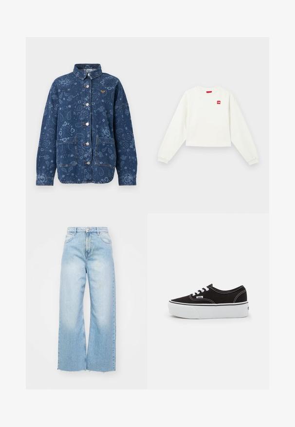 Donkerblauwe spijkerjas met bloemen- en paisleyprint, zilveren drukknopen, twee zakken aan de voorkant en een klein oranje logo op de borst.; Witte cropped sweatshirt met lange mouwen, ronde hals en een rood logopatch op de linkerborst. Zachte stof en geribbelde manchetten.; Lichtblauwe wijde spijkerbroeken van denim, met een hoge taille, vervaagde details, een knoopsluiting en een ruwe zoom aan de onderkant.; Zwarte canvas sneaker met een witte rubberen platformzool, voorzien van witte veters en stiksels, iconische branding op de zijkant, low-top ontwerp.