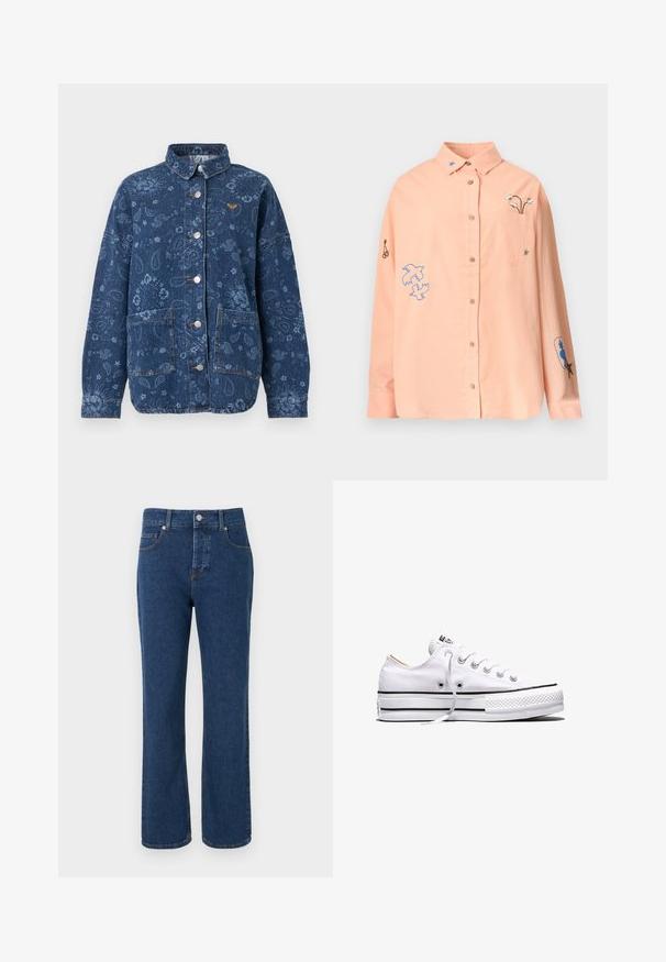 Veste en denim bleu foncé avec imprimé floral et cachemire, boutons-pression argentés, deux poches frontales et un petit logo orange sur la poitrine.; Chemise longue à manches longues couleur pêche clair, à boutons, avec col, poche avant et motifs brodés comprenant des oiseaux, des fleurs et des étoiles sur les manches et la poitrine.; Jean denim bleu à jambes droites avec cinq poches, passants pour ceinture, fermeture par bouton et détails de couture visibles.; Baskets basses en toile blanche avec lacets blancs, bandes noires sur la semelle et embout en caoutchouc texturé, vue de côté sur fond blanc.
