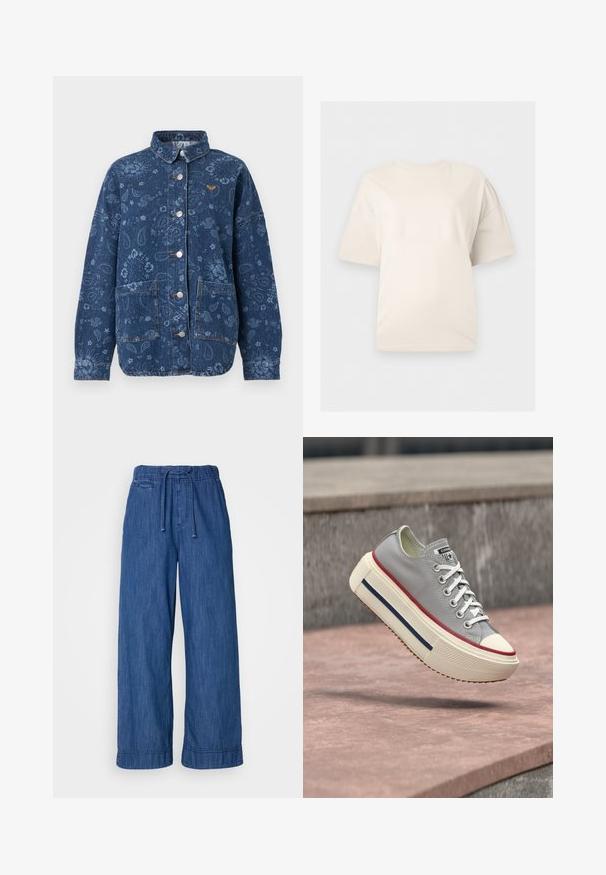 Mørkeblå denimjakke med blomster- og paisleymønster, sølvfarvede trykknapper, to forlommer og et lille orange logo på brystet.; Enkelt off-white kortærmet T-shirt med rund halsudskæring, vist mod en neutral lysegrå baggrund.; Blå vidde denim bukser med elastisk talje og snoretræk, der har en lille forlommesdetalje.; Grå lavtop sneaker med hvide snørebånd, tyk cremefarvet sål, røde og blå striber, svævende over en stenoverflade udendørs.