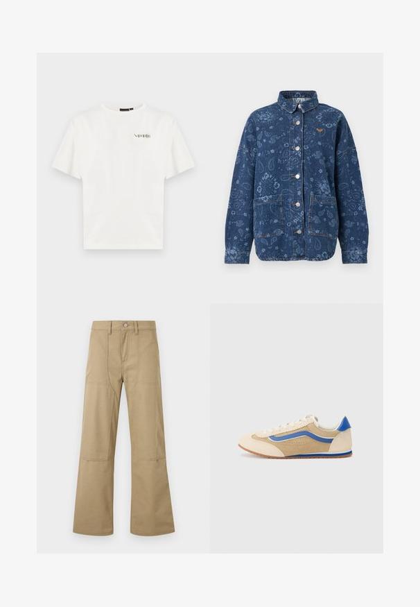 Veste en denim bleu foncé avec imprimé floral et cachemire, boutons-pression argentés, deux poches frontales et un petit logo orange sur la poitrine.; T-shirt blanc à manches courtes avec petit logo "Napapijri" sur la poitrine gauche et col rond.; Pantalon beige taille haute à jambes larges avec poches plaquées à l'avant, passants pour ceinture et fermeture à boutons. Tissu simple et durable avec coutures visibles.; Baskets en suede beige clair avec une bande latérale bleue et un accent au talon. Bout arrondi, lacets plats et détails perforés sur le dessus. Semelle en caoutchouc.