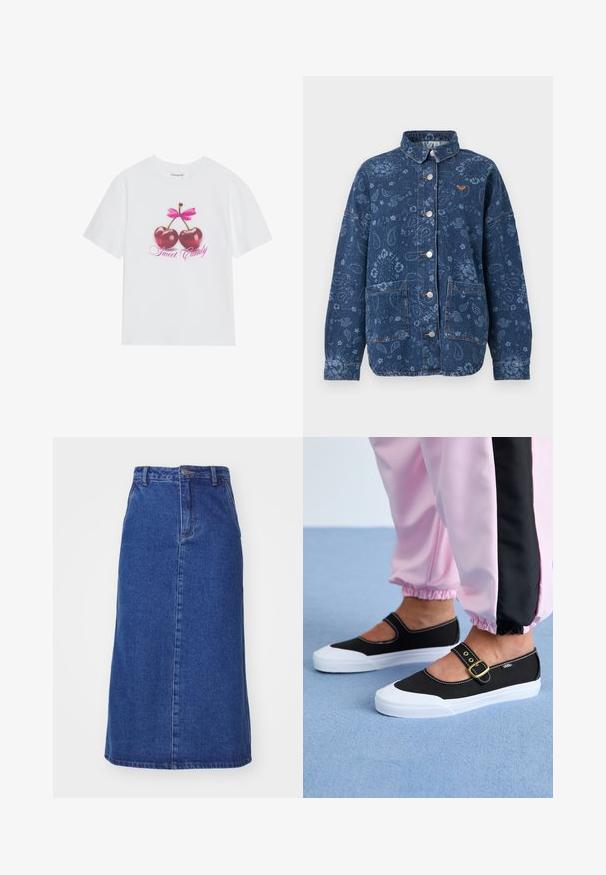 Veste en denim bleu foncé avec imprimé floral et cachemire, boutons-pression argentés, deux poches frontales et un petit logo orange sur la poitrine.; T-shirt en coton blanc mettant en avant un design graphique de deux cerises rouges brillantes avec un nœud rose au-dessus et le texte "Douce Friandise" en rose.; Jupe en denim bleu foncé, dotée d'une taille ajustée, d'une silhouette droite et de coutures avant, avec un ourlet qui tombe sous le genou.; Baskets noires en toile avec une semelle blanche, présentant un design découpé et une sangle en boucle dorée. Portées avec un pantalon de survêtement rose.
