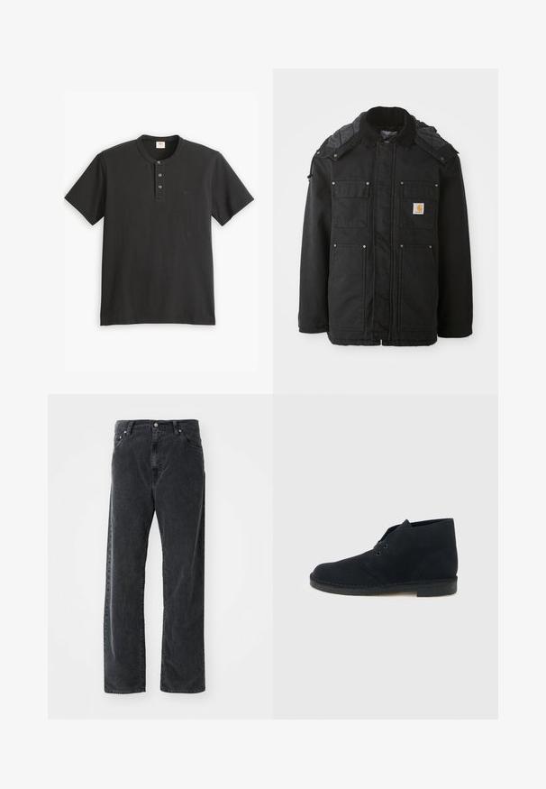 Sort jakke med quiltet krave, flere forlommer og et logo patch. Lavet af et holdbart stof med en glat tekstur.; Sort kortærmet polo shirt i bomuld, med en knaplukning bestående af tre knapper og et lille logo på venstre bryst.; Sorte lige ben corduroy bukser med forlommer, bæltestropper og knaplukning, præsenteret på en hvid baggrund.; Sort ruskind Ørken-støvle til anklen med to snørehuller, syet sål og rund tå på en lysegrå baggrund.