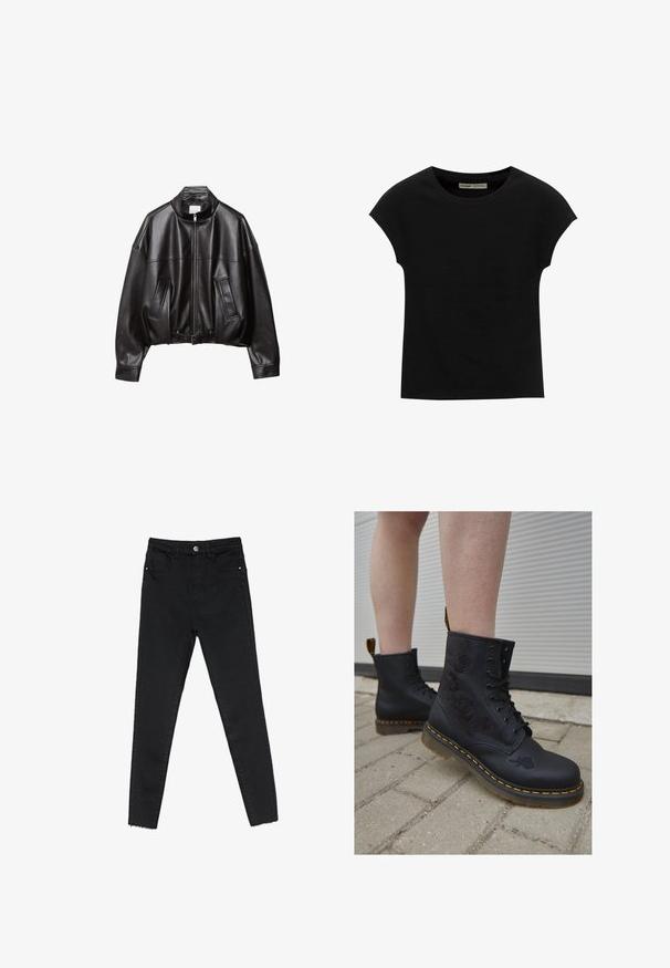 Schwarze Leder-Bomberjacke mit hohem Kragen, Reißverschluss, zwei Fronttaschen und tailliertem Gürtel. Glatte Textur und übergroße Passform.; Schwarzes T-Shirt mit kurzen Ärmeln und rundem Ausschnitt. Hergestellt aus glattem, elastischem Baumwollstoff. Einfaches Design ohne Muster oder Grafiken.; Schwarze enge Jeans aus Denim mit hoher Taille, Fünf-Taschen-Design und rohem Saum an den Knöcheln. Klassischer Knopf- und Reißverschluss.; Schwarze Lederstiefel mit floralen Stickereien, Schnürdesign, orangefarbenen Nähten und einer dicken, transparenten Sohle auf einer strukturierten Oberfläche.