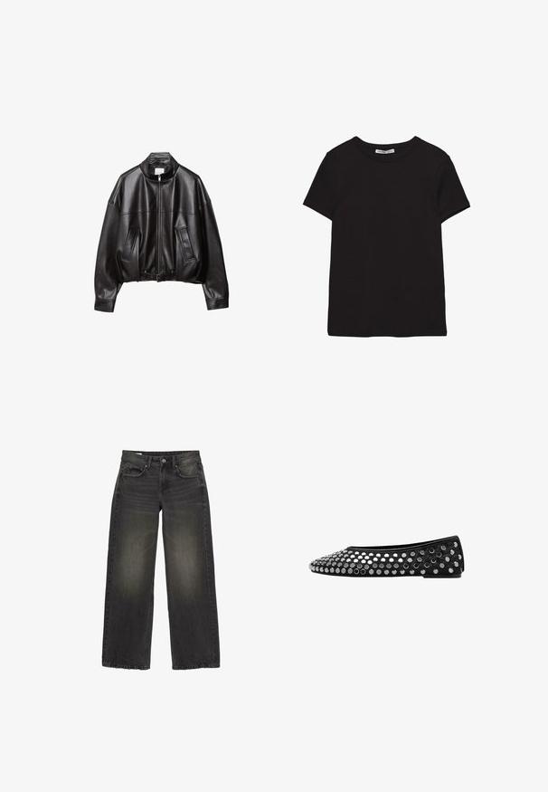 Veste bomber en cuir noir avec col montant, fermeture éclair, deux poches avant et taille ceinturée. Texture lisse et coupe oversize.; T-shirt noir en coton à manches courtes avec encolure ronde, coupe standard et étiquette intérieure visible au niveau du col.; Jean large noir en denim avec une finition délavée. Comprend cinq poches, une fermeture éclair à l'avant et un bouton de fermeture. Accents de couture détaillée.; Chaussure plate noire avec un bout arrondi et des embellissements cloutés. Le matériau supérieur est lisse, avec un accent texturé près du bout.
