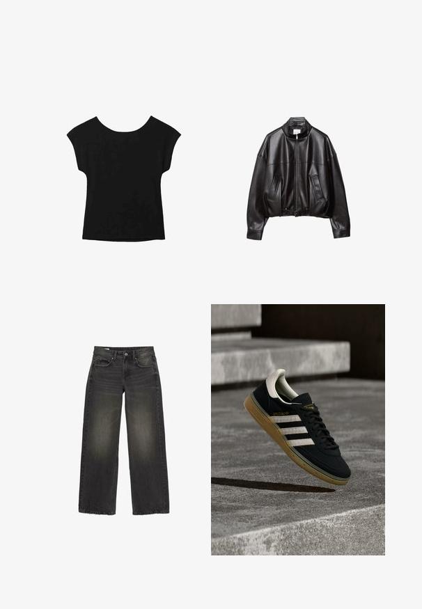 Veste bomber en cuir noir avec col montant, fermeture éclair, deux poches avant et taille ceinturée. Texture lisse et coupe oversize.; Haut noir à manches courtes avec un large col et une coupe ample. Fabriqué en tissu doux sans motifs ni embellissements visibles.; Jean large noir en denim avec une finition délavée. Comprend cinq poches, une fermeture éclair à l'avant et un bouton de fermeture. Accents de couture détaillée.; Baskets en daim noir avec des rayures blanches et un logo doré, dotées d'une semelle en caoutchouc gomme texturée et d'un languette de talon crème contrastante.