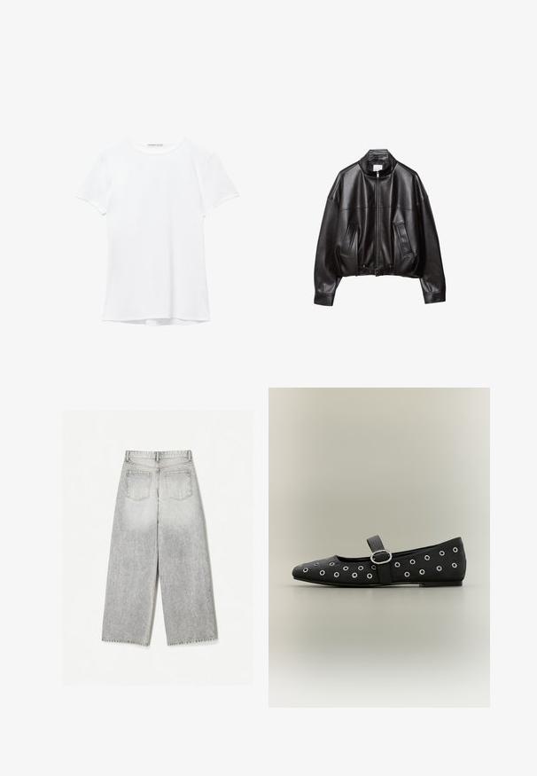 Zwarte leren bomberjack met een hoge kraag, ritssluiting, twee steekzakken aan de voorkant en een taille met riem. Gladde textuur en oversized pasvorm.; Witte short-sleeve t-shirt van gladde stof, met een ronde halslijn en subtiele stiksels bij de zoom.; Grijze denim spijkerbroek met wijde pijpen en een vervaagde afwerking, met twee achterzakken en een onafgewerkte zoom.; Zwarte platte Mary Jane-schoen met zilveren oogjes en een zilveren gesp op het bandje, tegen een neutrale achtergrond.