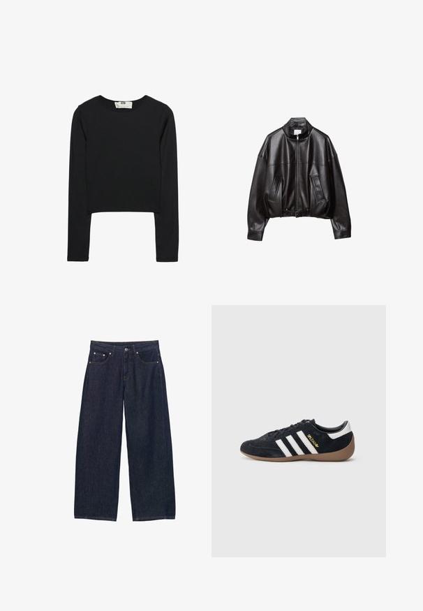 Čierna kožená bomber bunda s vysokým golierom, zapínaním na zips, dvoma prednými vreckami a opaskom v páse. Hladká textúra a nadrozmerný strih.; Čierny crop top s dlhým rukávom vyrobený z ľahkej látky, s okrúhlym výstrihom a priliehavým strihom, s čistými švami a bez ozdôb.; Tmavomodré rifle s širokými nohavicami, prednými vreckami, pútkami na opasok a zapínaním na gombík v páse.; Čierna semišová teniska s tromi bielymi pruhmi, gumovou podrážkou a malým zlatým logom na boku. Má hladkú čiernu vnútornú podšívku.