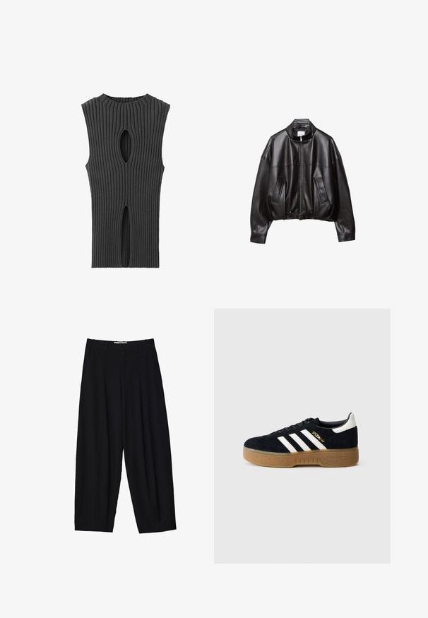 Veste bomber en cuir noir avec col montant, fermeture éclair, deux poches avant et taille ceinturée. Texture lisse et coupe oversize.; Mango Débardeur - anthracite; Pantalons larges noirs en tissu léger, avec des plis avant, une taille classique et des poches latérales. Texture douce.; Baskets en daim noir avec trois bandes blanches et logo doré. Semelle en gomme avec adhérence texturée. Design classique à tige basse, bout arrondi.