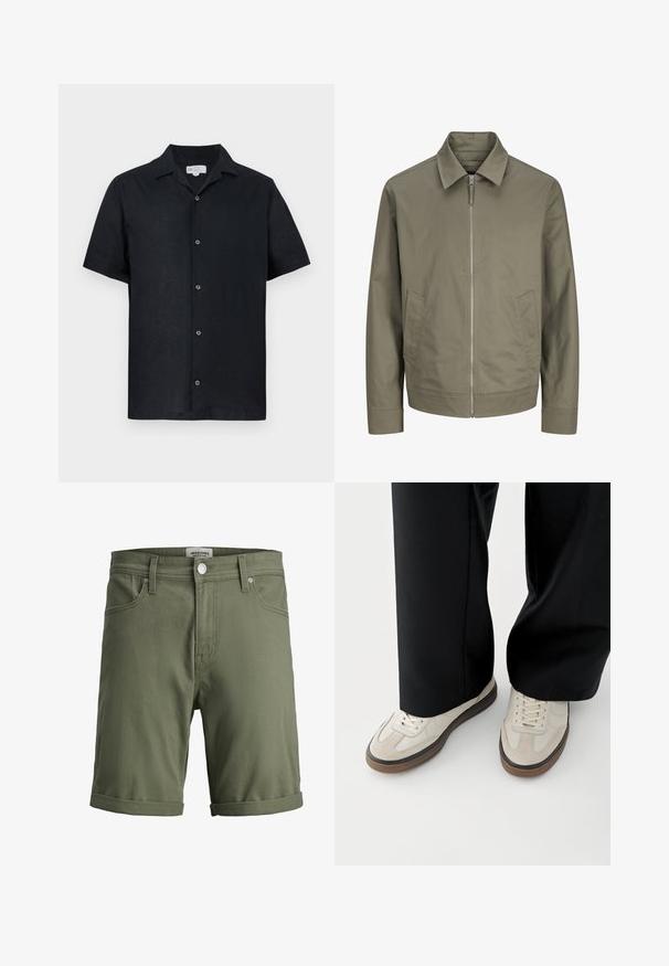 Veste zippée pour homme de couleur vert olive avec col pointu et poches latérales sur fond blanc uni.; Chemise noire à manches courtes avec col, cinq boutons visibles et ourlet droit, présentée sur un fond blanc.; Shorts en coton vert olive avec ourlets retroussés, bouton frontal, fermeture éclair, passants pour ceinture et poches avant de Jack & Jones Pants Studio.; Pieds portant des baskets beige avec des semelles marron et un pantalon noir à jambes larges sur fond blanc.