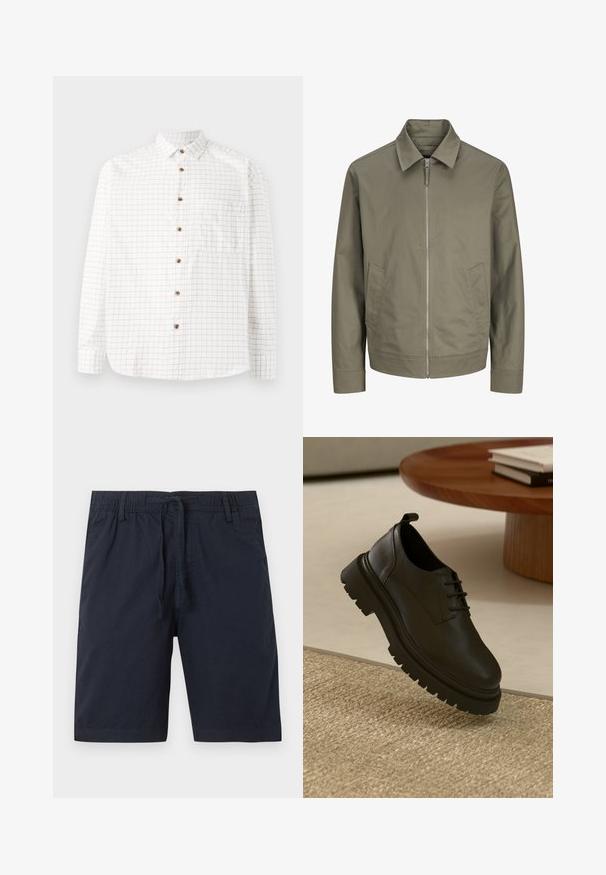 Veste zippée pour homme de couleur vert olive avec col pointu et poches latérales sur fond blanc uni.; Chemise blanche à boutons avec un motif à carreaux bleu marine, dotée d'une poche poitrine, d'un ourlet arrondi et de boutons en bois. Tissu léger.; Shorts en coton bleu marine avec taille élastique, fermeture à boutons, cordon de serrage, passants de ceinture et poches latérales.; Chaussure en cuir noir avec une surface texturée, bout rond, design à lacets et semelle en caoutchouc noir épaisse. Flottant au-dessus d'un tapis tissé.