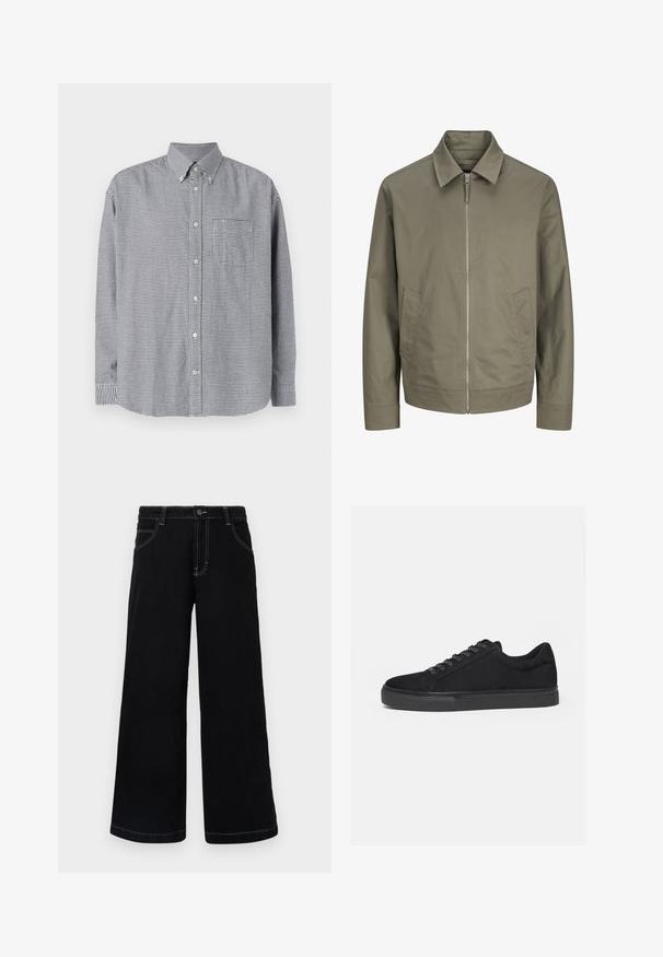 Herrenjacke in olivgrün mit Reißverschluss, spitzem Kragen und Seitentaschen auf einfachem weißem Hintergrund.; Schwarz-weiße karierte Langarmhemd mit Knopfleiste und Kragen, einer Brusttasche und abgerundetem Saum. Aus Baumwollstoff, mit glatter Textur.; Schwarze weit geschnittene Jeanshose aus Denim, mit Knopfverschluss, fünf Taschen und kontrastierendem weißen Nähten entlang der Nähte.; Schwarzer Low-Top-Sneaker mit Schnürung vorne und flacher Gummisohle, seitlich auf weißem Hintergrund dargestellt.