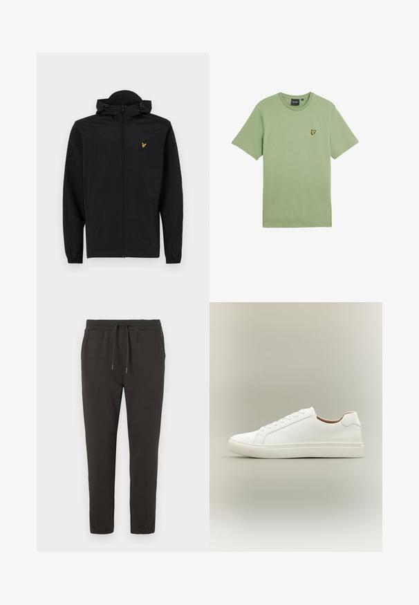 Sort letvægtsjakke med hætte, lynlåslukning, elastiske manchetter og sidelommer; har et lille guld broderet ørnelogo.; Grøn t-shirt med korte ærmer i et glat stof, med en lille gul fuglelogo på venstre brystområde. Rund hals.; Mørkegrå sweatpants lavet af blødt stof, med en elastisk talje med snøre, tætsiddende ben og elastiske manchetter ved anklerne.; Hvid lavt snøresko med snørelukning og flad sål, vist fra siden på en neutral baggrund.