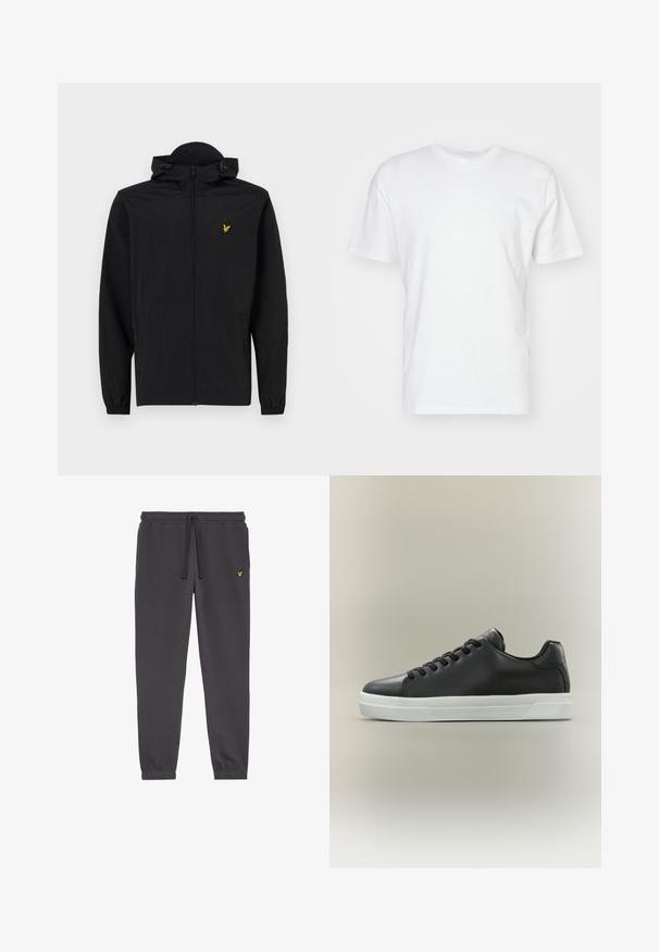 Zwarte lichtgewicht jas met een capuchon, ritssluiting, elastische manchetten en zijzakken; heeft een klein gouden geborduurd adelaarslogo.; Witte katoenen T-shirt met korte mouwen, ronde halslijn en een gladde textuur. Eenvoudig ontwerp zonder patronen of afbeeldingen.; Donkergrijze sweatpants gemaakt van zacht materiaal, met een elastische tailleband met trekkoord, gesloten enkels en een klein geel logo op de linker dij.; Zwart leren lage sneaker met zwarte veters en witte rubberen zool op een neutrale achtergrond, zijaanzicht.