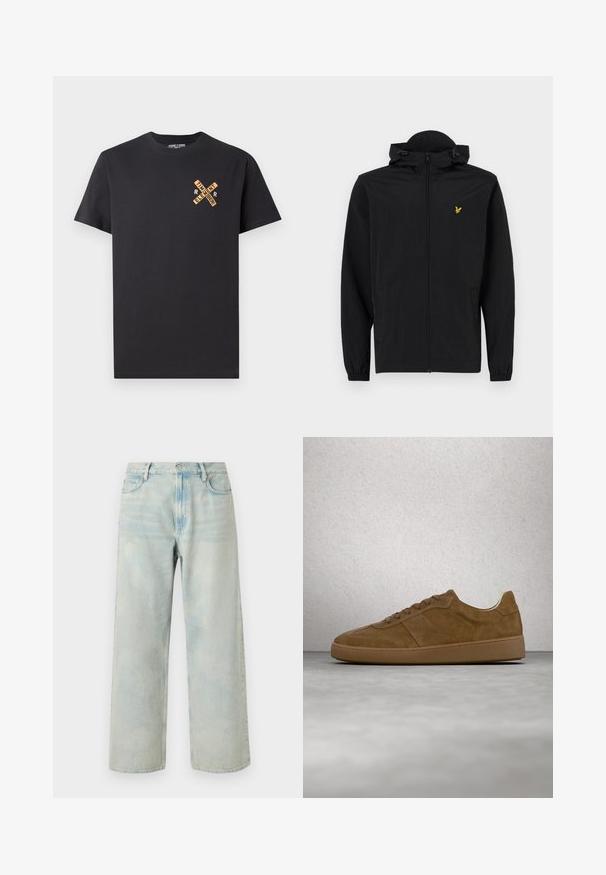 Schwarze leichte Jacke mit Kapuze, Reißverschluss, elastischen Bündchen und Seitentaschen; mit einem kleinen goldenen gestickten Adler-Logo.; Schwarzes Baumwoll-T-Shirt mit einem grafischen Design in Orange, das die Worte "ELEMENT" und "REMEMBER" in einem Kreuzmuster auf der Brust zeigt.; Hellblaue Jeans mit hoher Taille und weitem Bein, mit Knöpfen vorne und Taschen, flach auf weißem Hintergrund ausgelegt.; Brauner Veloursleder-Sneaker mit hellbraunen Schnürsenkeln und Gummisohle. Verfügt über eine abgerundete Zehenpartie und gestickte Details am Obermaterial. Leichtes Design.