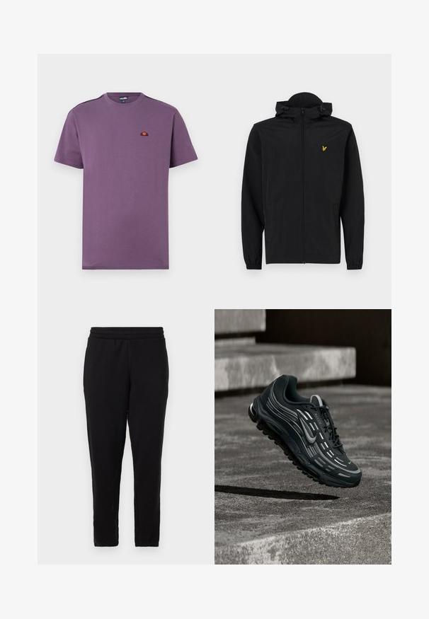 Chaqueta ligera negra con capucha, cierre de cremallera, puños elásticos y bolsillos laterales; presenta un pequeño logo de águila bordado en dorado.; Camiseta de algodón morada con cuello redondo y mangas cortas. Presenta un pequeño logo bordado en el pecho y una textura lisa.; Pantalones de chándal negros con corte recto, cinturilla elástica y textura suave. Sin patrones o herrajes visibles. Diseño sencillo.; Zapatilla Nike Air Max negra y gris flotando sobre escalones de hormigón gris con fondo de suelo texturizado.