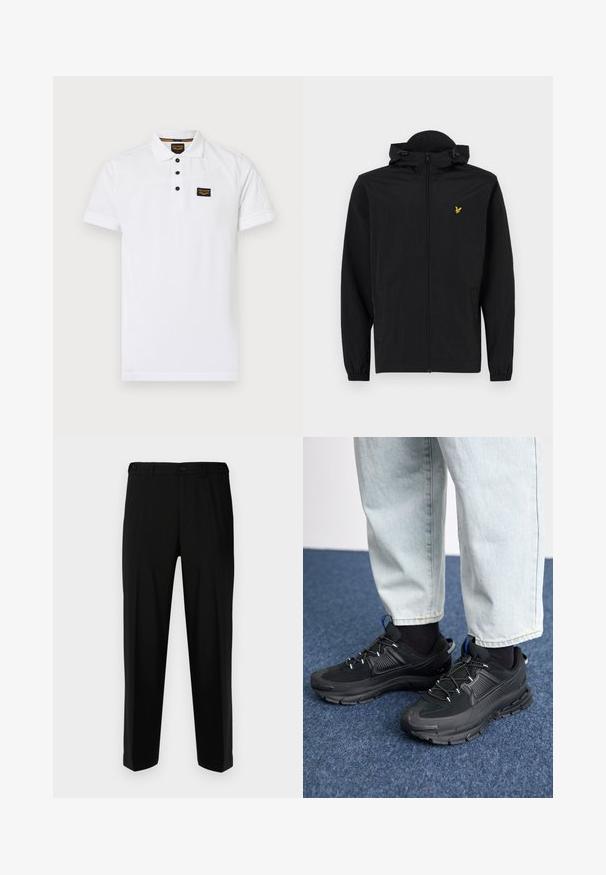 Sort letvægtsjakke med hætte, lynlåslukning, elastiske manchetter og sidelommer; har et lille guld broderet ørnelogo.; Hvid polo-shirt lavet af tekstureret bomuld, med en tre-knap lukning, korte ærmer og et sort logo-patch på brystet.; Sorte bukser lavet af glat stof, med lige snit, to forlommer og lynlås med knaplukning.; Sorte træningssko med tekstureret stof og gummisåler, udstyret med elastiske snørebånd og en blå detalje på hælen. Bæres med lyse denimbukser.
