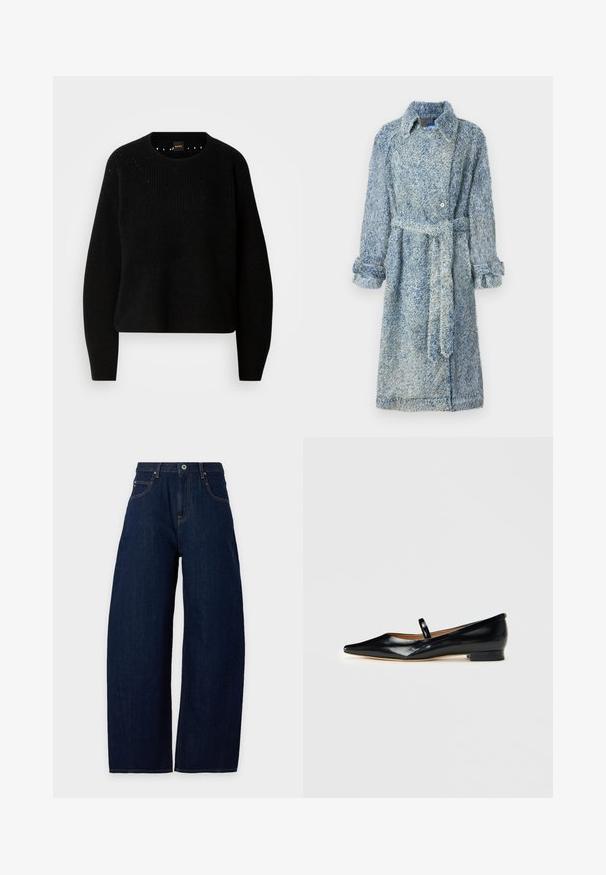 Blå fuzzy frakke med krave, bælte og knaplukning. Har lange ærmer og et struktureret stof.; Sort strik sweater med rund hals og ribbet tekstur. Har subtil detaljering omkring halsudskæringen og lange, lige ærmer.; Mørkeblå jeans med brede ben, forlommer, bæltestropper og lukning med knap og lynlås på ensfarvet baggrund.; Sorte patenterede læder Mary Jane flade sko med spids tå, én rem og lav hæl på ensfarvet baggrund.